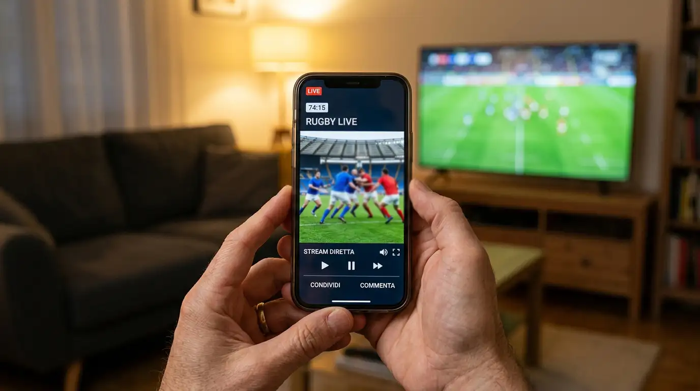 Smartphone che mostra una partita di rugby in diretta streaming durante una sessione live betting