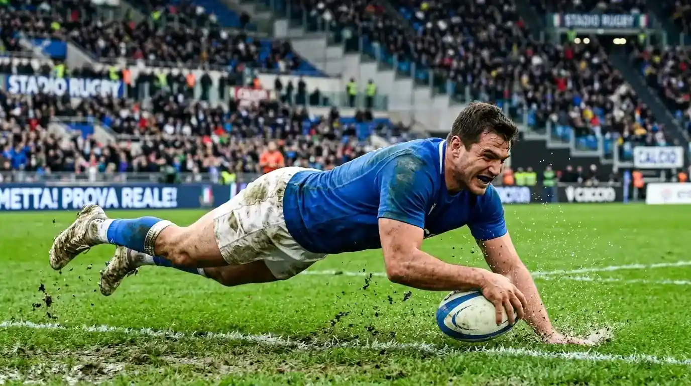 Giocatore di rugby Union schiaccia una meta in area di meta su prato erboso