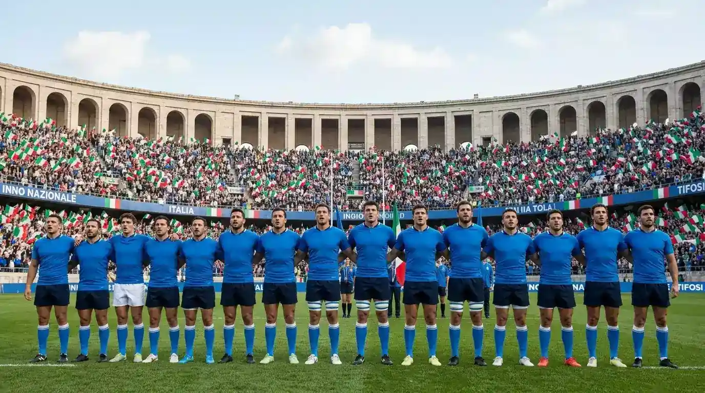 Squadra di rugby italiana sul terreno dello Stadio Olimpico di Roma durante un match casalingo
